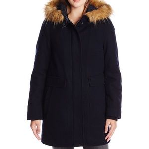 Wool Parka Coat with Faux Fur Trim Hood